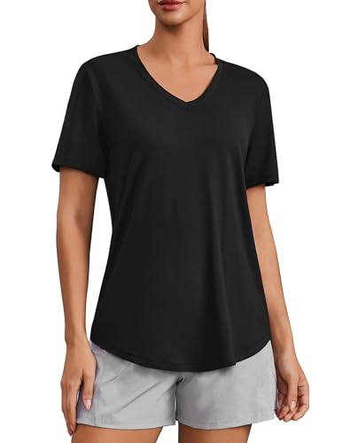 PINSPARK Soft Workout Tops for Women Short Sleeve V Neck Moisture Wicking UPF 50+ Sun Protection Quick Dry Gym Shirts - color: 01 Black, size: Medium