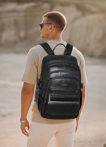 Vegan Leather Backpack, TSA Travel Backpack for Men and Women, Fits 17.0 Inch Notebook with Luggage Strap and USB Port, Black - color: Black