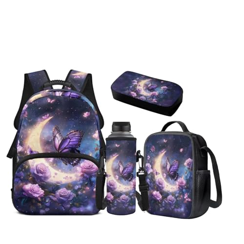 JEOCODY Kids Bookbag Butterfly Backpack for Girls Backpack and Lunch Box Set, Boys School Bag Water Bottle Holder and Pencil Pouch Girls Daypack Back to School Accessories - color: Butterfly With Purple Rose Printedd