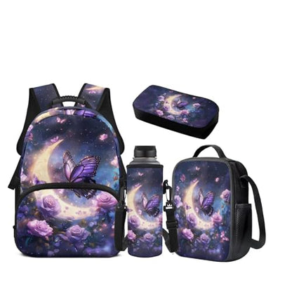 JEOCODY Kids Bookbag Butterfly Backpack for Girls Backpack and Lunch Box Set, Boys School Bag Water Bottle Holder and Pencil Pouch Girls Daypack Back to School Accessories - color: Butterfly With Purple Rose Printedd