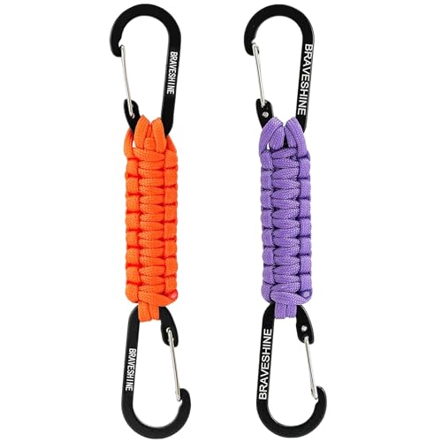 BRAVESHINE Paracord Keychain Carabiner Clip, D Ring Lanyard Hanger Stroller Hook for Water Bottle, Key, Backpacks, Men, Women - color: 1 Purple 1 Orange