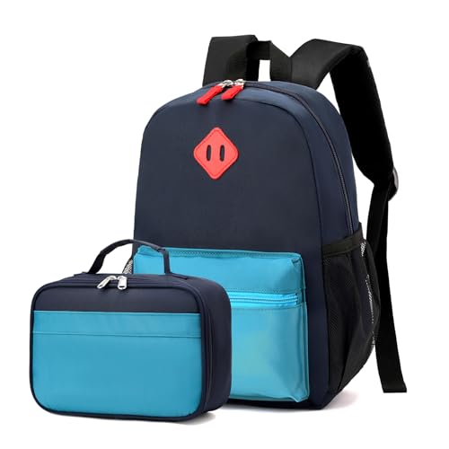 Backpack Set for Girls Boy Kids Backpack with Lunch Box for Elementary Primary Kindergarten School Bag (Dark Blue, Large) - color: Dark Blue