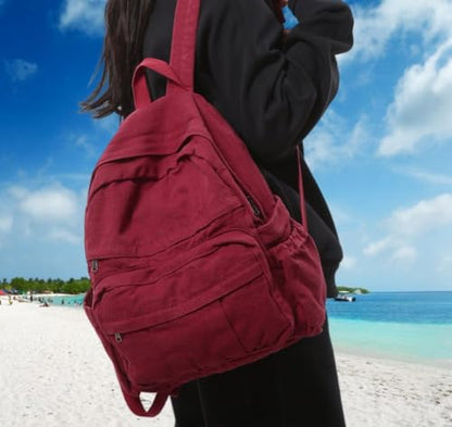 Burgundy Red Canvas Backpack for Women Retro Aesthetic Rucksack Basic Backpack for High School/College Students Travel Laptop Bag - color: Burgundy Red