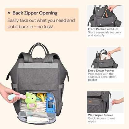 BabbleRoo Diaper Bag Backpack, Multifunction Large Bags with Changing Pad & Stroller Straps & Pacifier Case, Unisex Stylish Travel Back Pack Nappy Changing Bag for Moms Dads (Dark Gray) - color: Dark Gray