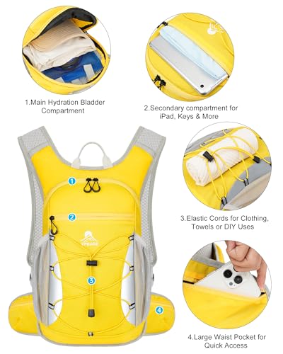 Hydration Backpack with 2L Water Bladder - Lightweight 15L Daypack with Phone-Sized Hip Belt Pockets, Anti-Chafe Cotton Edging & No-Bounce Straps - Small Water Backpack for Hiking, Running, Skiing - color: Yellow