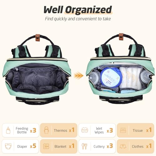 Diaper Bag Backpack - Extra Large Diaper Bag for 2 Kids Twin, Travel Baby Bags for Mom Dad 25-37L Expandable with Changing Pad Earphone Hole, Green Black - color: Green & Black
