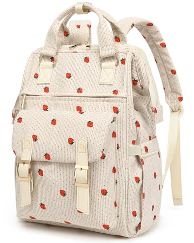 Laptop Backpacks for Women, Corduroy High School College Bookbag 15.6 Inch Laptop Bags for Girls Travel Daypack - Strawberry Beige - color: Strawberry Beige