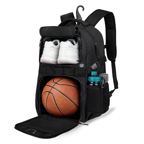 Basketball Backpack with Separate Ball & Ventilated Shoe Compartment, Sports Bag with Hook for Men Women Teens Training Travel - color: Black