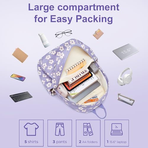 Bluboon Backpack for Girls Kids Preschool Backpack with Lunch Box Kindergarten Bookbag Toddler School Bags Set - color: Beige Flower Purple