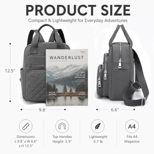 Small Backpack for Women Casual Quilted Square Bag Waterproof Multi Pockets Daypack Lightweight Top Handle Satchel - color: Grey