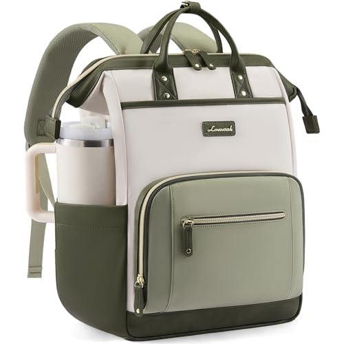 LOVEVOOK Laptop Backpack for Women with Giant Tumbler Holder,15.6 inch Professional Nurse Teacher Backpack Computer Laptop Bag,Cute Travel Backpack Purse Work College Bag,Beige-Bean green-Army green - color: Beige-bean Green-army Green, size: 15.6 Inch