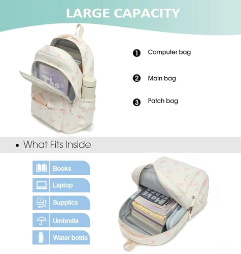 School Backpack for Teen Girls Cute Bookbag for High Middle School College Aesthetic Laptop Back Pack,Beige Bow - color: Bowknot