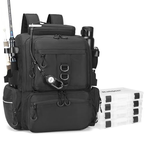 Rabjen Fishing Tackle Backpack, 45L Storage Waterproof Travel Bag Store Fishing Gear with Insulated Top Pocket - color: Black, style: Standard Size 4 Tackle Boxes Included 900d Nylon