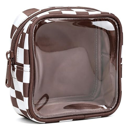 Clear Checkered Makeup Bag, Small Cosmetic Pouch with Zipper Mini Waterproof Makeup Purse Organizer Cute Cosmetic Bag Travel TSA Approved Toiletry Bag Car Organizer for Women Girls (Brown) - color: Brown