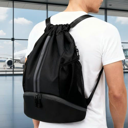 Sport Drawstring Backpack Gym Bag with Shoes Compartment for Soccer, Basketball, Swim, String Backpack Beach Cinch for Women Men