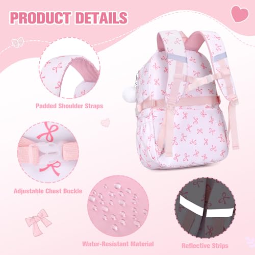 Bevalsa Backpack for Girls 3PCS Teen Girls Pink Bow Backpack for School with Lunch Bag Pencil Case Cute Kids Laptop Backpacks Bookbag for Elementary Middle High School College Student (Bow) - color: Pink Bow