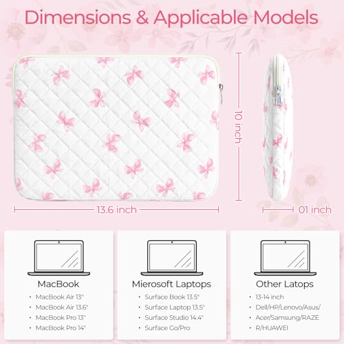 13-14 inch Cotton Quilted Laptop Sleeve for Women, Aesthetic Puffy Laptop Case Carrying Bag Compatible with MacBook Air/Pro 13/Pro 14, Soft Computer Liner Bag (Pink Bow, 13.3 inch) - color: Pink Bow, size: 13.3 inch