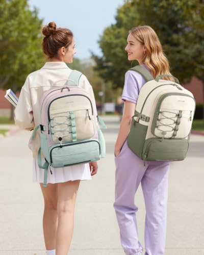 LOVEVOOK School Backpack for Teen Girls, Unique Style College Student Backpacks with Large Cup Holder, Cute Kid Bookbag with Pens Compartment, Large Capacity Back to School Backpack Fit 15.6'' Laptop - color: Pea Green&beige, size: Medium