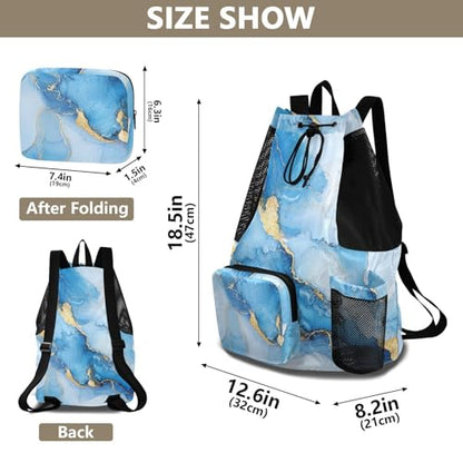 Women Mens Drawstring Backpack Camp Bag With Water Bottle Holder String Swim Bag Dry Wet Separation Marble Blue White - color: Color 14