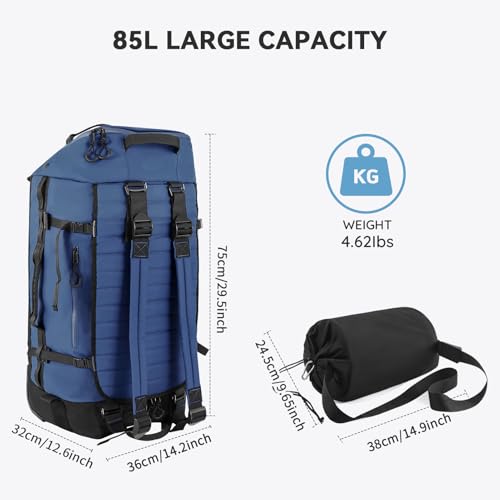 85L 29“ Foldable Rolling Backpack with Wheels, Soft-side Travel Duffle Bag with Separate Shoe Compartment, Full Quilted Bottom,Navy Blue - color: Navy Blue