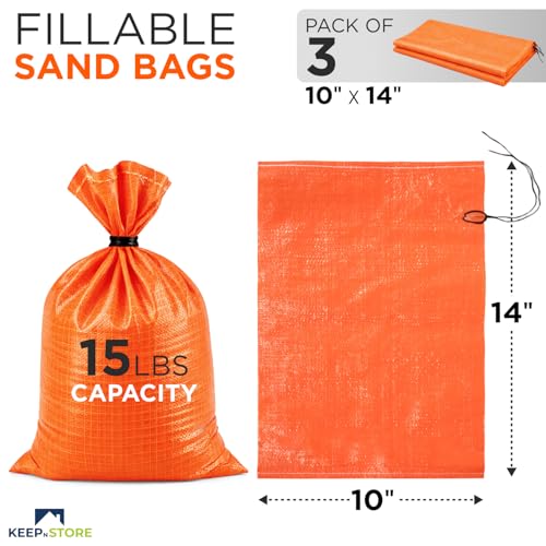 Heavy Duty Sand Bags Pack of 3, Bright Orange Empty Sandbags with Built-In Ties, Woven Polypropylene UV Protection 1600 Hours, Fillable Bags for Flood Control, Weight, 10x14 inches, 15 Pounds Volume - size: 10"W x 14"L, style: Pack of 3