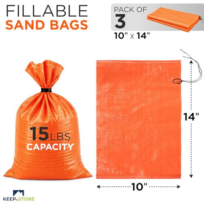 Heavy Duty Sand Bags Pack of 3, Bright Orange Empty Sandbags with Built-In Ties, Woven Polypropylene UV Protection 1600 Hours, Fillable Bags for Flood Control, Weight, 10x14 inches, 15 Pounds Volume - size: 10"W x 14"L, style: Pack of 3