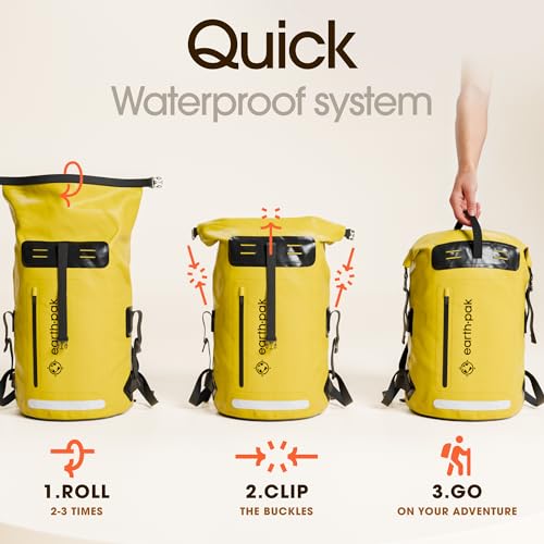 Earth Pak Waterproof Backpack - Heavy Duty Hiking Backpack - Roll-Top Closure Bag - Cushioned Dry Bag Waterproof Phone Case - color: Yellow, size: 35L