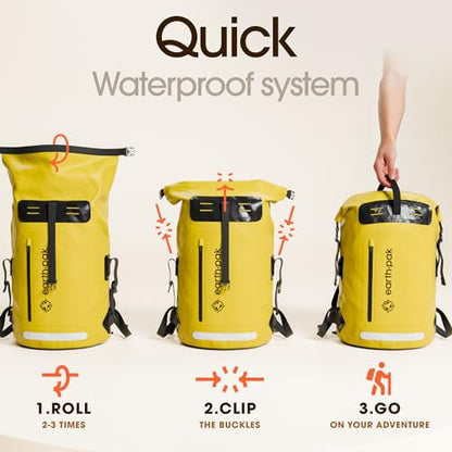 Earth Pak Waterproof Backpack - Heavy Duty Hiking Backpack - Roll-Top Closure Bag - Cushioned Dry Bag Waterproof Phone Case - color: Yellow, size: 35L