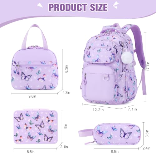 Bevalsa Backpack for Girls, School Bookbag Teen Girls Backpack Set with Bento Lunch Box, Insulated Bag & Pencial Case, 43oz Lunch Containers for Kids Elementary Middle Student (Purple Butterfly) - color: Purple Butterfly