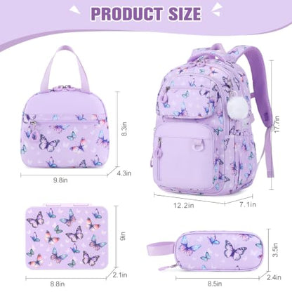 Bevalsa Backpack for Girls, School Bookbag Teen Girls Backpack Set with Bento Lunch Box, Insulated Bag & Pencial Case, 43oz Lunch Containers for Kids Elementary Middle Student (Purple Butterfly) - color: Purple Butterfly