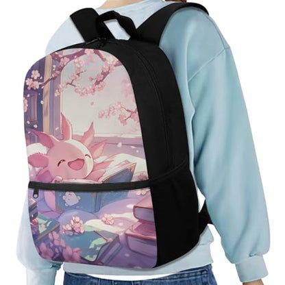 Cute Axolotl Backpack for Girls Kids Backpack with Lunch Box Water Bottle Holder with Strap and Large Pencil Case 4Pcs Set Bookbag with Front Pocket for School 17" Sturdy Elementary School Bag - color: Axolotl-2