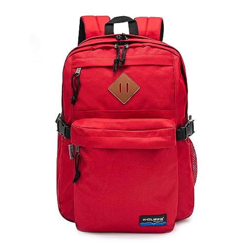 K-Cliffs Classic Backpack Basic Student Campus Daypack Simple Travel Rucksack with Laptop Compartment Bottle Holder Padded Straps Red - color: Red