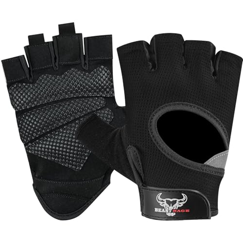 BEAST RAGE Fingerless Weight Lifting Gloves with Palm Protection Padding, Breathable Lightweight Gym Gloves for Men, Women, Weightlifting, Cycling, Exercise, Training Pull Up - color: Black, size: X-Large