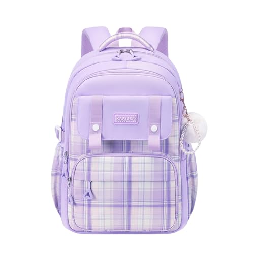Cute Backpack for Girls, Large Capacity Kids Bookbag for Elementary Middle School Students Waterproof Kawaii Preppy Aesthetic Plaid Backpack Age 4-16 with Cute Accessories (Purple) - color: Purple