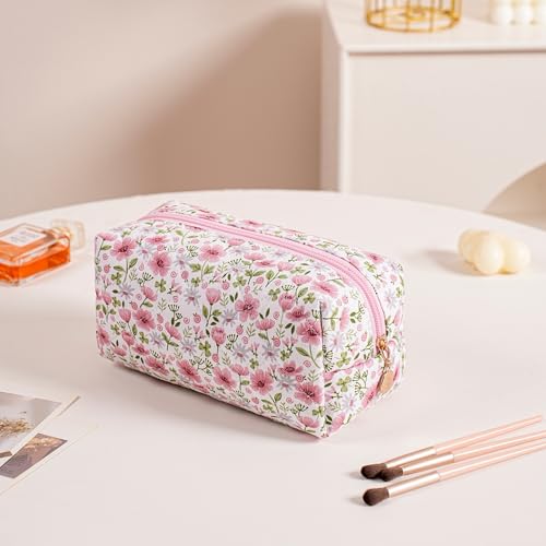 Cute Floral Makeup Bag Small Cotton Quilted Cosmetic Bag, Aesthetic Essential Bag Emergency Bag Gift for Women Girls Travel Accessories (Pink Big Flowers) - color: Pink Big Flowers