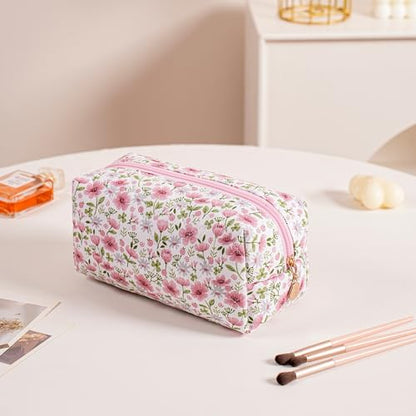 Cute Floral Makeup Bag Small Cotton Quilted Cosmetic Bag, Aesthetic Essential Bag Emergency Bag Gift for Women Girls Travel Accessories (Pink Big Flowers) - color: Pink Big Flowers