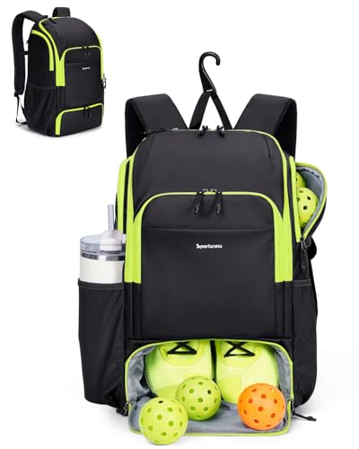 sportsnew Pickleball Bag Large Sports Pickleball Backpack with Shoe Compartment for Men Women, Patent Pending - color: Black-Fluo Zip