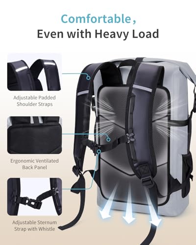 ECOHUB Waterproof Backpack for Women Men, 30L Roll-Top Closure Heavy Duty Dry Bag for Travel with IPX8 Waterproof Phone Case - color: Grey