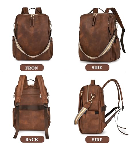myfriday PU Leather Large Backpack Purse for Women Casual Travel Backpack Convertible Satchel Handbags With Luggage Strap (Dark brown) - color: Dark Brown
