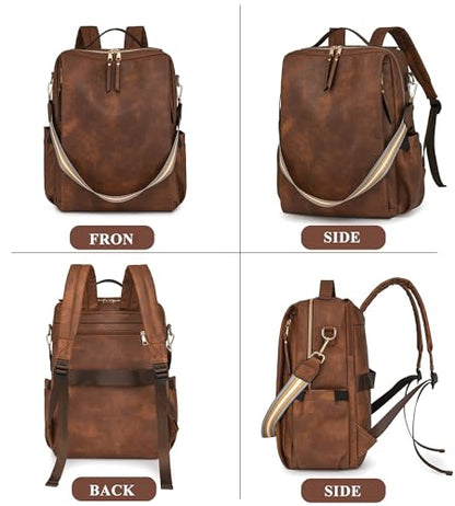 myfriday PU Leather Large Backpack Purse for Women Casual Travel Backpack Convertible Satchel Handbags With Luggage Strap (Dark brown) - color: Dark Brown