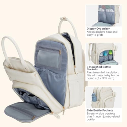 BabbleRoo Leather Diaper Bag Backpack - Baby Essentials Travel Baby Bag, Multi function, Water Resistant, with Changing Pad, Stroller Straps & Pacifier Case – Unisex, Eggshell White - color: Vegan Leather Eggshell White, size: Large