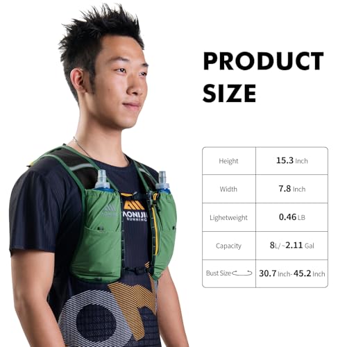 AONIJIE Running Hydration Vest for Men Women 8L Backpack with 500ml Soft Flask Water Bottle - style: Green