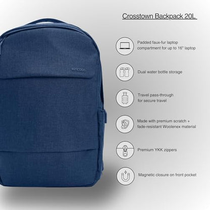 Incase Crosstown Backpack – 20L Everyday Laptop Backpack for Work, Travel – 16" Faux Fur MacBook Sleeve, External Front Pocket, Water Bottle Pockets, Travel Pass Through - Navy - color: Navy