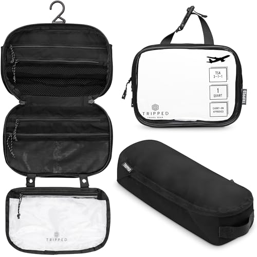 Toiletry Bag Kit 3 Piece Set: Hanging Travel Toiletry Bag + 311 TSA Cosmetic Liquid Bag + Accessory Organizer Pouch - color: Black Ripstop