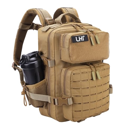 LHI Tactical Military Backpack for Men 25L/45L Large Molle Army Assault Pack 3 Day Hiking Rucksack With Bottle Holder - color: Khaki With Bottle Holder, size: 25L