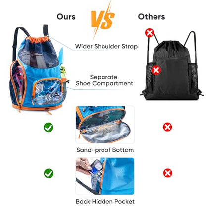 Mesh Drawstring Backpack with Shoe Compartment, Sandproof Beach Swim Bag with Wet Pocket, Pool Gym Shower Bag for Travel Summer Camp - color: Blue - Orange, style: Style a