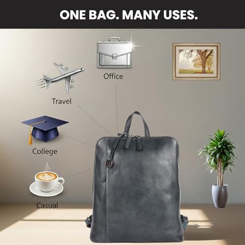 12.5 Inch Genuine Leather Backpack for Women and Men, Grey Leather Backpack with Adjustable Shoulder Strap - color: Grey