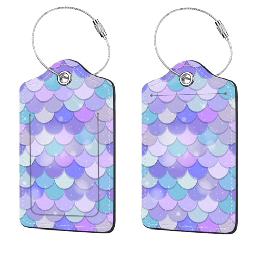 2 Pcs Luggage Tags for Suitcase, Cute Unique PU Leather Travel Bag Tag with Privacy Cover ID Label Address Card and Durable Metal Ring Suitable for Men Women Children Backpack, Fish Scales - color: Fish Scales