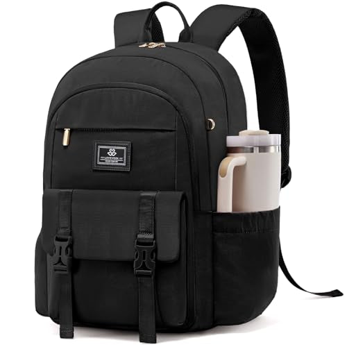 LOVEVOOK School Backpack for Girls Boys,Bookbag for College Women Middle High School, Waterproof Teen Bookbag, Preppy Backpack Travel Daypack with 15.6 inch Laptop Compartment - color: Black, size: Medium-15.6" without Side Straps
