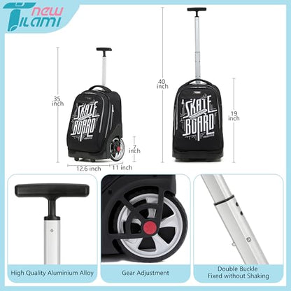 NEW TILAMI 19 inch Rolling Backpack Teens Rolling Backpack Cute Wheeled Laptop Backpack Bookbag Roller Travel Bag College, Skate Board - color: Black Skate Board